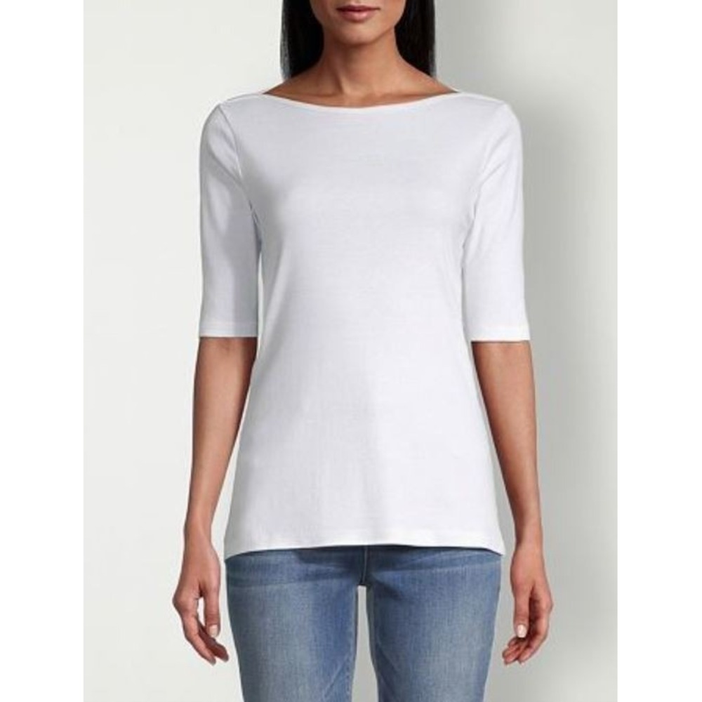 St John's Bay Essentials Women's Boatneck Cotton Elbow Sleeve T-Shirt White XL